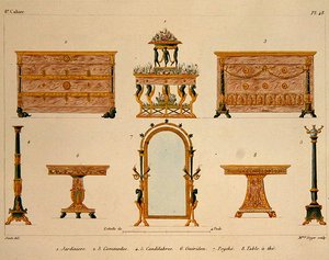 Bútortervek, Mme Soyer gravírozása, 48-as tábla a „Modeles de Meubles et de decorations interieures pur les Meubles”-ból, megjelent 1828/41 (színes litho) alkotó: M. (after) Santi