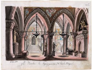 Le Tombeau de Charlemagne a Aix-la-Chapelle - Az Opera Ernani díszletterve, Giuseppe Verdi - M. Conti (1810-1886). Akvarell papíron Méret : 22x29 cm The Morgan Library & Museum, New York alkotó: M. Conti