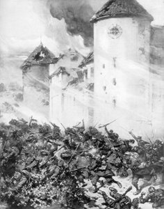 Franciák és németek csatáznak a Chateau de Mondement falai alatt, Franciaországban, 1914. alkotó: M. H. W. Koekkok