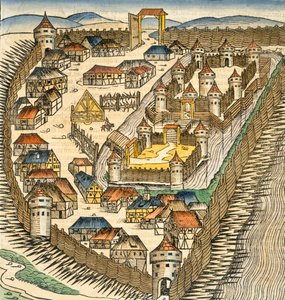 Sabatz, Hartmann Schedel (1440-1514) „The Liber Chronicle” (Nürnbergi krónika) illusztrációja, pub. Nürnberg, 1493 (kézzel színezett metszet) alkotó: M. and Pleydenwurff, W. Wolgemuth