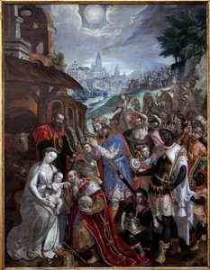 A mágusok imádása. A Szent Család és a Mágusok fölött, a pásztor csillaga. Maaerten de Vos (Martin de Vos, Marten de Vos) festménye (1532-1603), flamand művészet 16. század. Valenciennes-i Szépművészeti Múzeum.