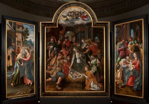 Mágusok imádása, Triptichon, Központi tábla, részlet, festmény fára alkotó: Maarten de Vos