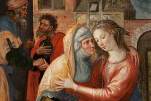 Mágusok imádása, Triptichon, Bal oldali panel: Szent Szűz élete, részlet, festmény fára alkotó: Maarten de Vos
