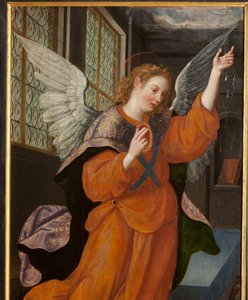 Mágusok imádása, Triptichon, Bal oldali panel, hátsó rész, részlet, festmény fára alkotó: Maarten de Vos
