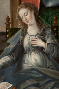 Mágusok imádása, Triptichon, Jobb oldali panel hátsó rész, részlet, festmény fára alkotó: Maarten de Vos