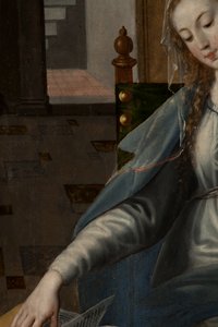 Mágusok imádása, Triptichon, Jobb oldali panel hátsó rész, részlet, festmény fára alkotó: Maarten de Vos