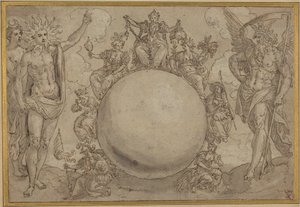 Apolló, Diana és az idő az emberi élet ciklikus viszontagságaival, 1561 körül (toll és barna tinta szürke mosással grafitnyomok felett, átvitelhez metszve, fektetett papírra). alkotó: Maarten de Vos