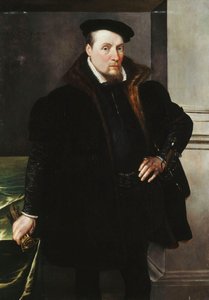 Háromnegyed hosszúságú úriember portréja, fekete kabátban, szőrme béléssel, 1551 alkotó: Maarten de Vos