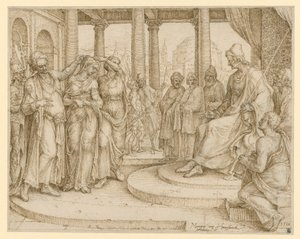 Ne tégy hamis tanúbizonyságot felebarátod ellen. Zsuzsanna a bíró előtt, előtanulmány a „Tízparancsolat” 8. lapjához alkotó: Maarten van Heemskerck