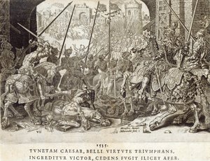 Tunisz meghódítása 1535-ben, 7. tábla „V. Károly császár katonai eredményeiről”, Dirk Volkertsz Coornhert (1522-90) metszete, 1555 (metszet és rézkarc)