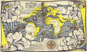 Világtérkép John és Sebastian Cabot navigátorok idejében (színes litó) alkotó: MacDonald Gill