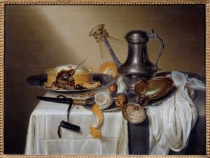 Csendélet Pástétom citromos és ónos kancsóval. Maerten Boelema de Stomme (1611-1664) festménye 17. század V. 0,6x0,79 m Nantes, Musee des Beaux Arts