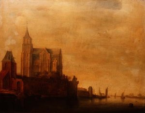 Groote Kerk, kilátással a főtoronyra, Emmerich folyón, vitorláshajókkal alkotó: Maerten Fransz van der Hulst