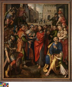 Holland: A vámjegy (Máté 17:24-27; balra), a cinejegy (Lukács 20:21-26; középen), a szegény özvegy példázata (Márk 21:41-44; jobbra) (A Pénzverők Céhének oltárképe).