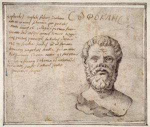 Szophoklész antik mellszobra, jegyzetekkel, Fulvio Orsini nyomán (toll és tinta papíron) alkotó: Maerten van Heemskerck