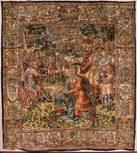 Egyházmegyei múzeum (Museo Diocesano). Flamand kárpit. Brüsszel. Atelier François Geubels. Sorozat Gideon története. A gyapjú gyapjú (Prueba del vellón de lana) csodája. Selyem és gyapjú. Vicente Roca de la Serna püspök hagyatéka. Barokk. 1534-1571, i alkotó: Maerten van Heemskerck