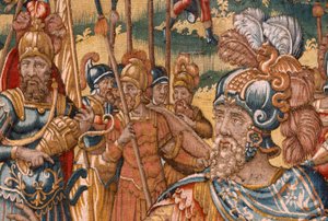 Egyházmegyei múzeum (Egyházmegyei Múzeum). Flamand kárpit. Brüsszel. François Geubels műhely. sorozat: Gideon története. Az izraeliták átadják Gedeonnak a zsákmányuk részét. Selyem és gyapjú. Bisho hagyatéka alkotó: Maerten van Heemskerck