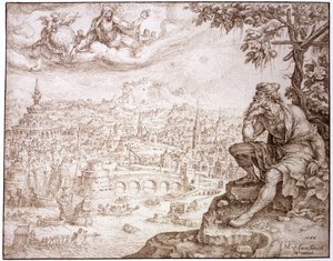 Jónás, a tök alatt ülve, Ninive városán elmélkedik, 1566 (toll és barna tinta tollal bevésve a papíron)