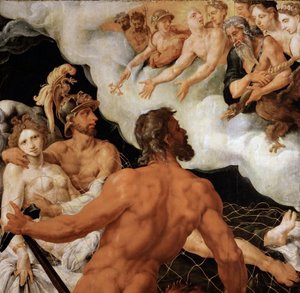 Mars és Vénusz pieges Vulcain filéjében - Mars és Vénusz a Vulkán hálójában rekedt - Maarten Jacobsz van Heemskerck (1498-1574). Olaj, fa, 1540 körül. Mérete: 96x99 cm. Művészettörténeti Múzeum, Bécs