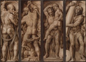 A Szaturnusz felfal egy gyermeket; Herkules megöli a hidrát; Herkules felemeli Antaeust; Herkules felállítja Calpe és Abyla oszlopait alkotó: Maerten van Heemskerck