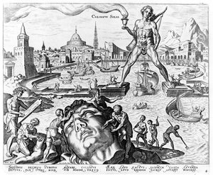 A rodoszi kolosszus, 4. tábla A világ nyolc csodájából, engr. Philips Galle, 1572