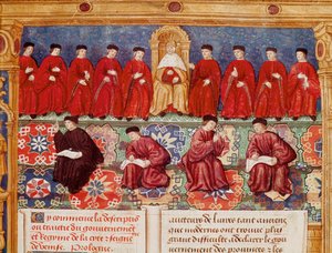 A tízek tanácsa, a dózse a központban található. A Louis Malet de Graville tengernagy által megvalósított miniatűr leírásból készült részlete vagy a város kormányával és rezsimjével, valamint Velence uralkodásával foglalkozó részlet, amelyet Philippe meste alkotó: Maitre de Philippe de Gueldre