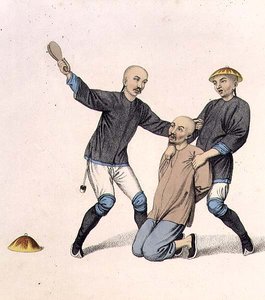 Punishing a Boatman, 7. tábla a "The Punishments of China"-ból, J. Dadley metszet