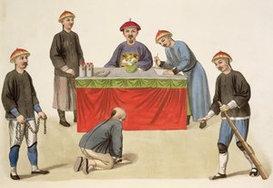 Bűnös a bíró előtt, 1. tábla a „Kína büntetéseiből”, J. Dadley metszet, 1804