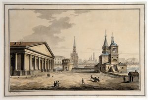 Kilátás a körhintara, a Koutafia-toronyra és a Thaumaturge Szent Miklós-templomra Moszkvában (Oroszország). (Kilátás a Manézsra, a Kutafya-toronyra és a Szent Miklós-templomra, Moszkva). Építészet: Joseph Bove (1784-18) építész által 1817 és 1825 között em