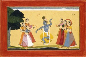 Krishna táncol a tehénlányok előtt, miközben tapsolnak, 1730-1735
