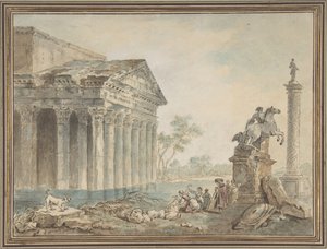 Építészeti Capriccio római emlékművekkel és mosónőkkel, n.d. alkotó: Manner of Hubert Robert