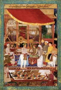 Dzsahangir császár aranyban mérlegeli Khurram herceget, 1610-1615 körül (miniatúra) alkotó: Manohar Manohar