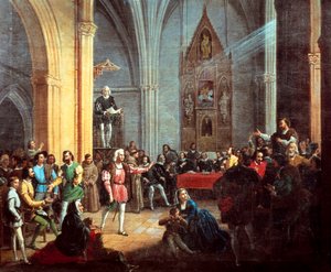Kolumbusz Kristóf a Royal Pragmatic felolvasása közben, Manuel Cabral és Aguado Bejarano festményének részlete. 19. század