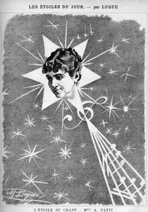 Adelina Patti (1843-1919) olasz énekesnő. „Az éneklés csillaga”, Manuel Luque karikaturista rajzfilmje. Az 1886-os „The Cartoon”-ban.