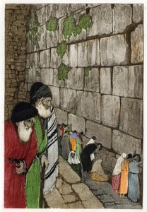 Zsidók a Siratófal előtt, amely a Salamon király által -950-ben épített jeruzsálemi templom egyetlen maradványa. Manuel Orazzi (1860-1934) metszet, „” L