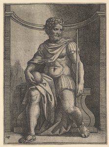 Egy római császár egy fülkében ül, földgömböt és jogart tart, és a..., kb. 1500-1534. alkotó: Marcantonio Raimondi