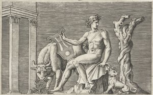 Apollo őrzi Admetus nyáját Mitológiai ábrázolások ókori domborművek után (sorozat címe) alkotó: Marcantonio Raimondi