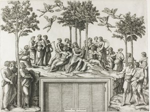 Apollo a Parnassuson, körülvéve a múzsákkal és költőkkel alkotó: Marcantonio Raimondi