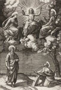 Krisztus, a Szűz és Keresztelő Szent János Szent Pállal és Katalinnal, 1520-25 alkotó: Marcantonio Raimondi