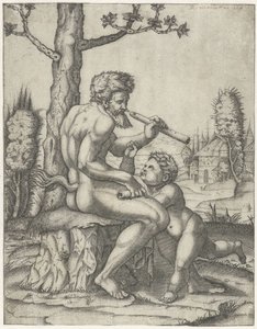 Faun furulyával játszik a gyerekkel alkotó: Marcantonio Raimondi