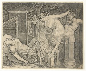 Bacchanal töredéke Satyr Woman és Herme és Alvó Bacchante-val alkotó: Marcantonio Raimondi