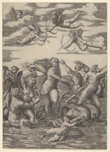 Két delfin által vontatott víziszekérben álló Galatea, tritonokkal körülvéve, nere..., 1515-16. alkotó: Marcantonio Raimondi