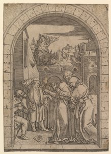Joachim átöleli Szent Annát a jeruzsálemi aranykapu alatt, Dürer után, kb. 1500-1534. alkotó: Marcantonio Raimondi