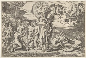 Párizs ítélete: Paris kezet nyújt Vénusz felé, aki Juno és... között áll, kb. 1520-50. alkotó: Marcantonio Raimondi