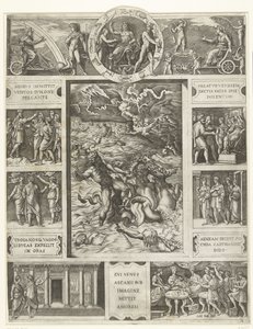 A Jupiter téglalap alakú keretben, az epikus Aeneis kilenc jelenetével csillapítja a vihart a tengeren alkotó: Marcantonio Raimondi