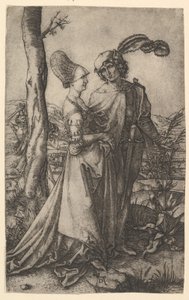 Halálfigurával sétáló úr és hölgy egy fa mögé bújva, kezében egy óra..., kb. 1500-1534. alkotó: Marcantonio Raimondi