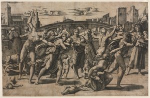 Az ártatlanok mészárlása (a fenyőfával) alkotó: Marcantonio Raimondi