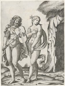 Orpheus brácsázik, mielőtt Eurydice az alvilágba kerül alkotó: Marcantonio Raimondi
