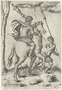 Scipio Africanus Maior római hadvezérek lóháton és Scipio Africanus Minor Római hősök lóháton (sorozat címe) alkotó: Marcantonio Raimondi