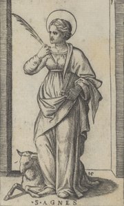 Szent Ágnes áll, tenyeret tart a jobb kezében, egy bárány lent balra, a..., kb. 1500-1527. alkotó: Marcantonio Raimondi